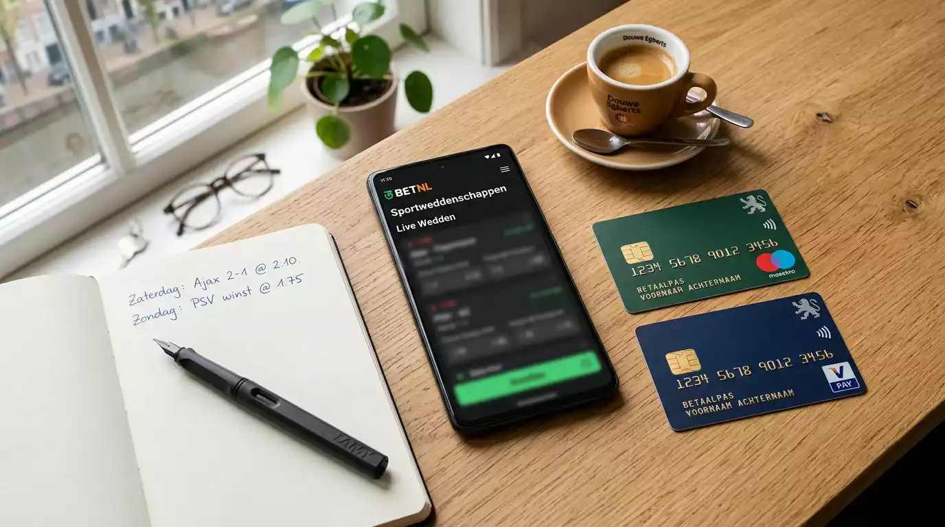 Visa en Mastercard betaalkaarten naast een laptop met een Nederlandse bookmaker-website